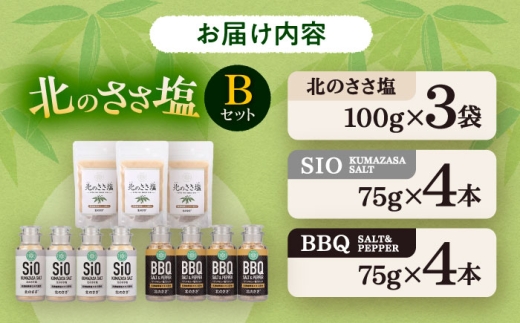 北のささ塩 Bセット（北のささ塩100g×3袋・SIO75g×4本・BBQ75g×4本）《足寄町》【株式会社北のささ】塩 しお ソルト 卓上 黒コショウ 料理 調味料 おにぎり アウトドア 北海道産 あしょろ  北海道 21000 21000円 [BEAR004]