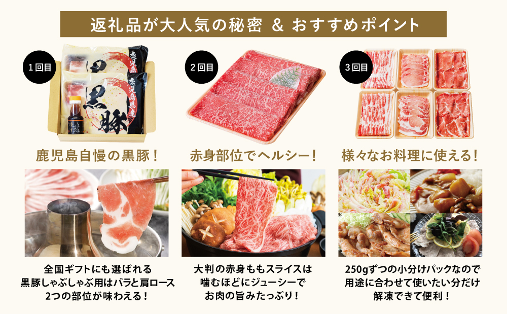 【 定期便 】 畜産王国 鹿児島の厳選 お肉 3種（全3回）人気のお肉返礼品を楽しめる 3種類 鹿児島県産 黒毛和牛 牛肉 豚肉 黒豚 すき焼き しゃぶしゃぶ ロース 肩ロース 豚バラ バラスライス 