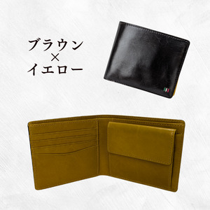 牛革　二つ折り財布　　ステッチA（ブラウン×イエロー）