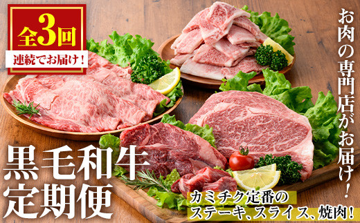 
                  No.1247 ＜定期便・全3回(連続)＞カミチクブランドの定番！鹿児島県産黒毛和牛定期便(合計1.3kg) 牛肉 黒毛和牛 和牛 ステーキ スライス 焼肉 BBQ キャンプ 定期便 頒布会 A5 冷凍 ギフト 贈答【LRプラスK】
                