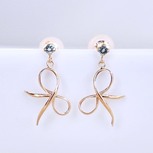 K10YG(10金) イエローゴールド 揺れる リボン ブルートパーズ 地金 ピアス  保証書付 SR-2370 242-056-a