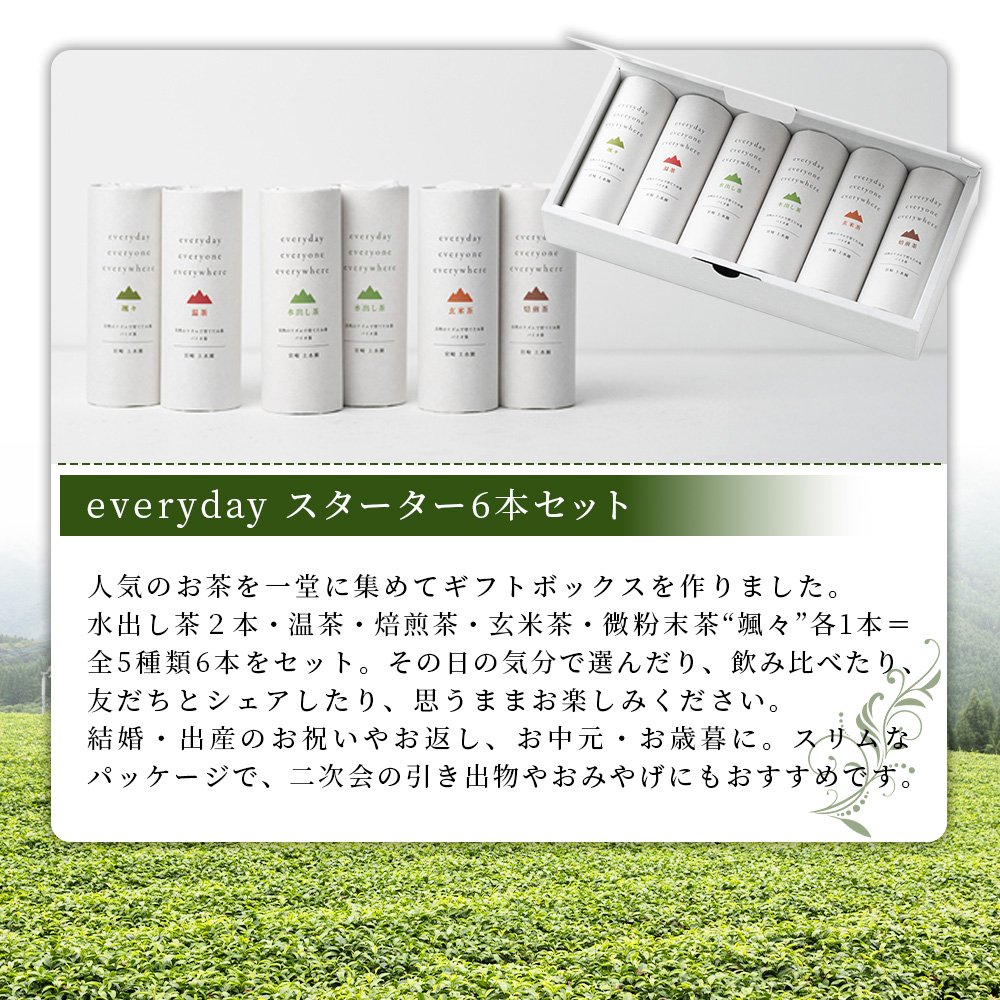 ＜everyday スターターセット 6本セット＞  お茶 水出し茶 温茶 焙煎茶 玄米茶 微粉末茶 バイオ茶 飲み物 飲料 ギフトボックス 贈り物 贈答用 ギフト 手土産 引き出物 結婚 出産 お祝