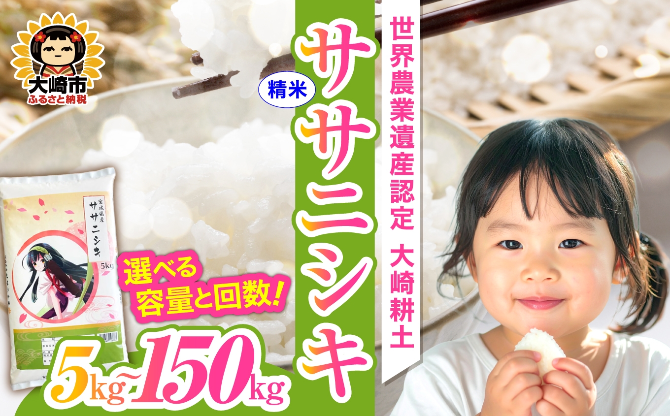 
                  《精米》令和7年 宮城県産 ササニシキ 5kg〜150kg 選べる容量と回数
                