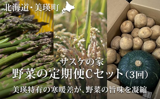 【先行予約】 野菜 定期便 C 3回便 <令和8年産 > セット 詰め合わせ サスケの家 グリーンアスパラ2kg（L~2L）、秋野菜(かぼちゃ1～2個・じゃがいも 約10ｋｇ）・米(ななつぼし)10kg[062-03]