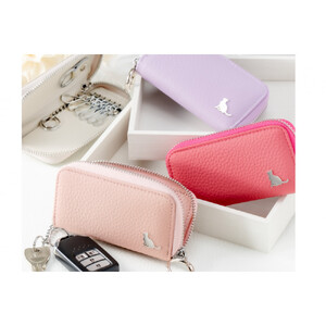 【スマートキー対応 カードが入る本革6連キーケース】＜ベージュ＞ おしゃれ　可愛い　コンパクト　スリム　猫　レザー