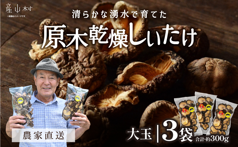 阿蘇・産山村産　原木乾燥しいたけ　大玉300g（100g×3袋）