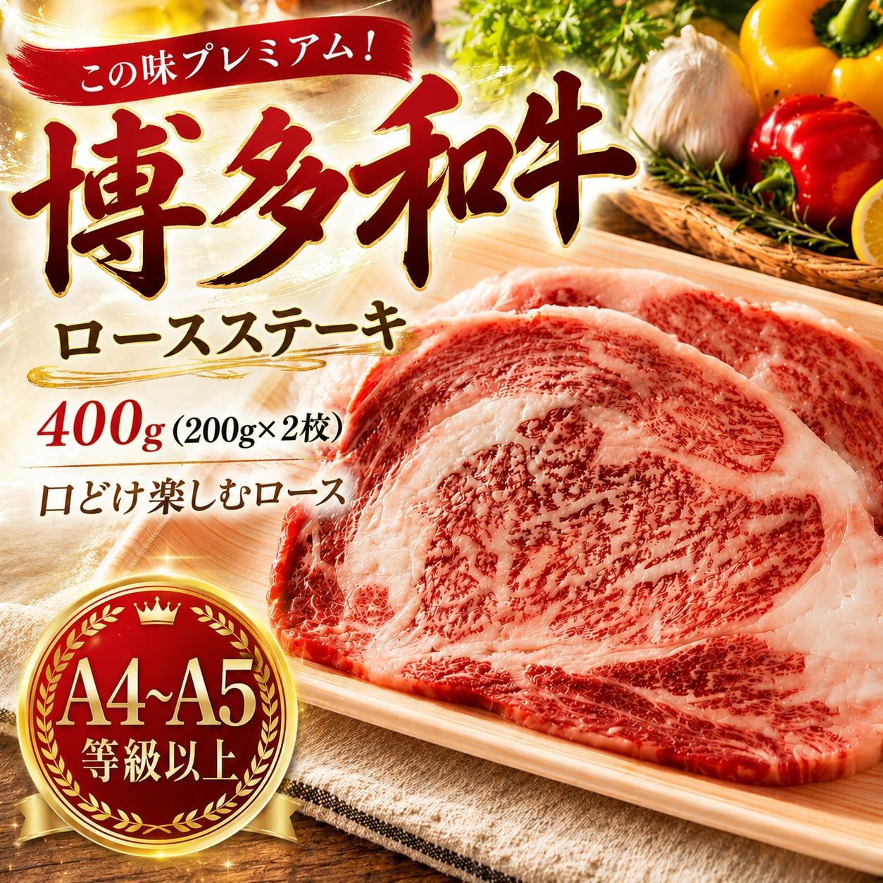 この味プレミアム！【A4～A5】博多和牛ロースステーキ　400g (200g×2枚) | 牛肉 ブランド牛 国産 和牛 福岡 博多 ステーキ BBQ CP060b 400g