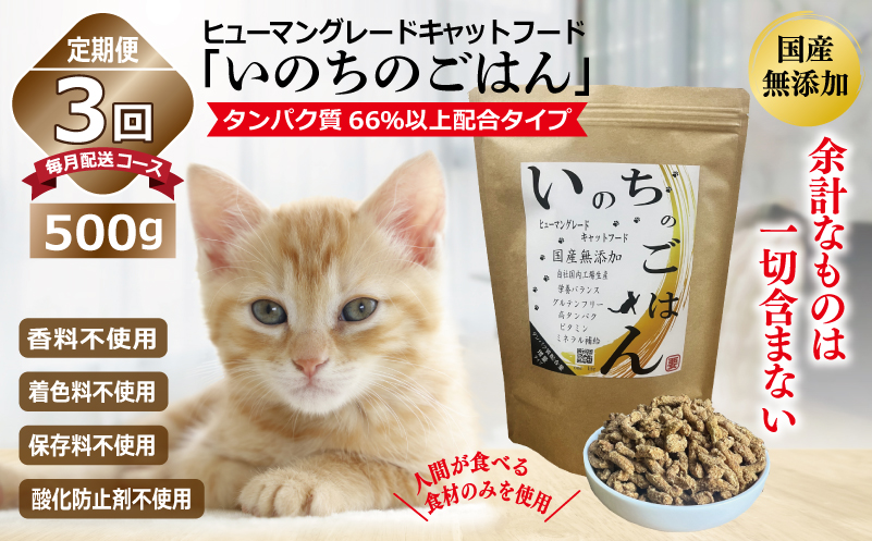 【定期便】国産無添加 キャットフード 500g×全3回「いのちのごはん」タンパク質 66％以上配合タイプ【猫 ねこ ペットフード チキン 手作り ヒューマングレード 国産 毎月配送 大阪 泉佐野 大阪府 泉佐野市】
