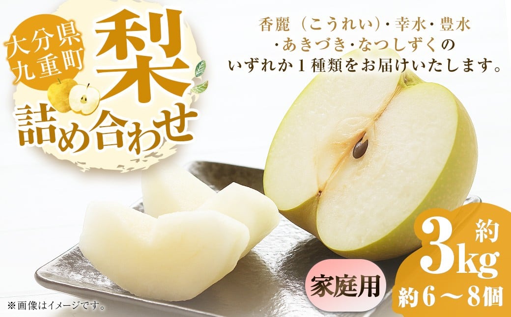 
            【ご家庭用】 九重町産 梨 詰め合わせ 約3kg （約6～8個） なし ナシ 香麗 こうれい 幸水 こうすい 豊水 ほうすい あきづき なつしずく 果物 くだもの フルーツ 【2025年8月上旬～9月下旬発送予定】
          