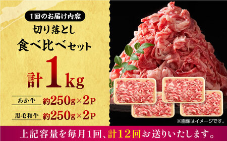 【12回定期便】熊本県産 黒毛和牛 × あか牛 切り落とし 食べ比べ 約 1kg【有限会社 九州食肉産業】[ZDQ139]