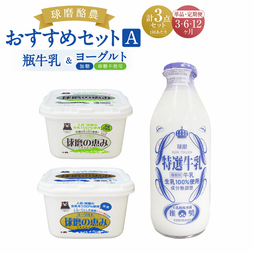 【ふるさと納税】球磨酪農おすすめセットA 瓶牛乳&ヨーグルト加糖・砂糖不使用 定期便 3回 6回 12回 ヨーグルト 乳製品 スイーツ 牛乳 ミルク 乳酸菌 善玉菌 健康 美容 腸活 健康 送料無料