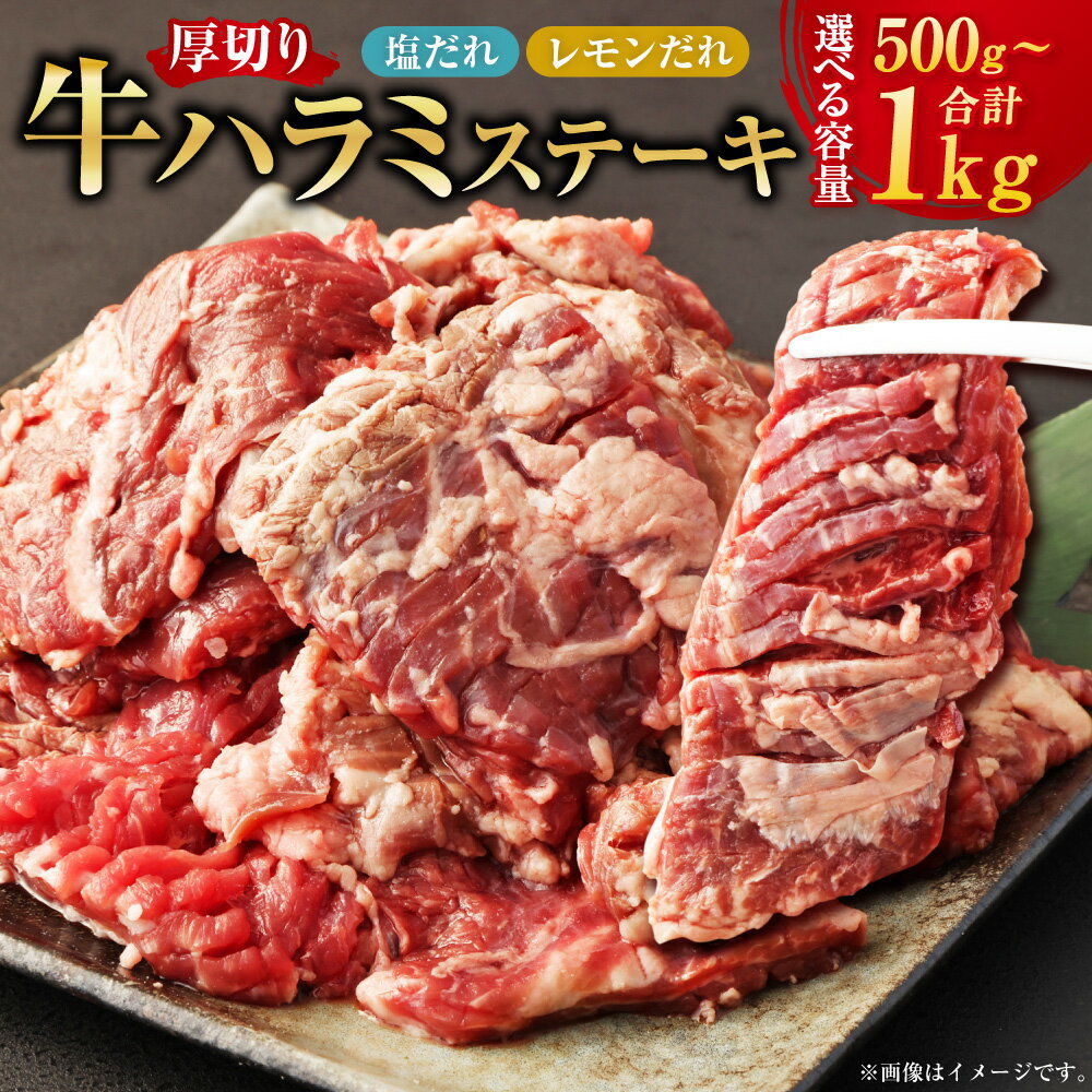 【ふるさと納税】＜選べる味・内容量＞厚切り牛ハラミステーキ 特製塩だれ / 特製レモンだれ / 2種セット 500g×1パック / 計1kg（500g×2パック） 牛内臓肉 牛肉 お肉 ハラミ たれ 漬込み ステーキ 塩味 網焼き 炭火焼き 焼き肉 野菜炒め 冷凍 熊本県 水上村 送料無料