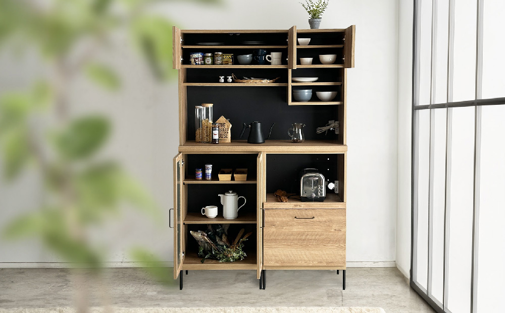 【東馬家具】TMフォカス 120OP収納+ガラス扉+オープン引出+脚2セット【収納棚 シャビー調 木目 おしゃれ 飾り棚 完成品 脚・取っ手のみ取付】(H060630)