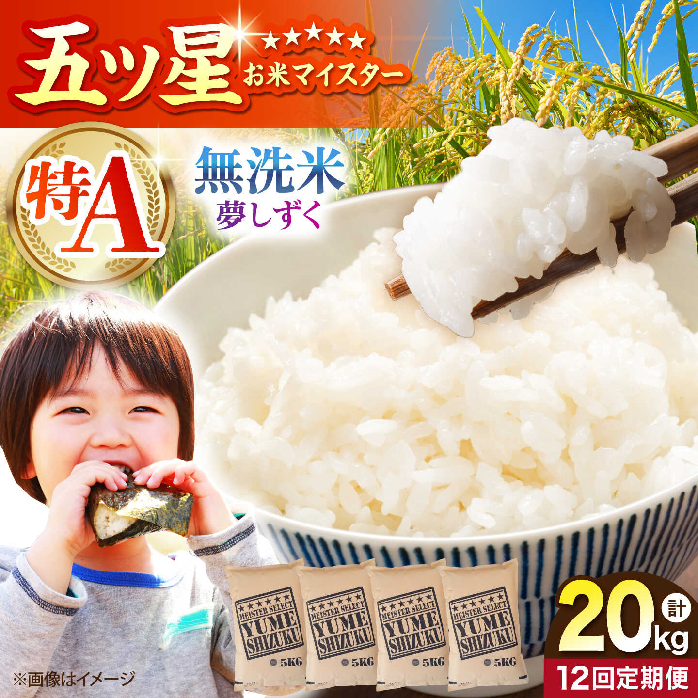 【ふるさと納税】【全12回定期便】 夢しずく 無洗米 20kg（5kg×4袋）【五つ星お米マイスター厳選】特A米 特A評価[HBL142]