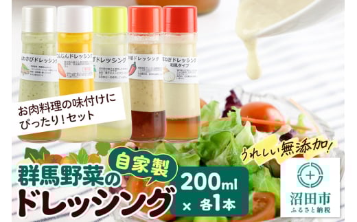 お肉料理の味付けにぴったり！セット（山わさび、にんじん、ゆず、中華、玉ねぎ）自家製・群馬産野菜で手作りドレッシング 200ml×各1本
