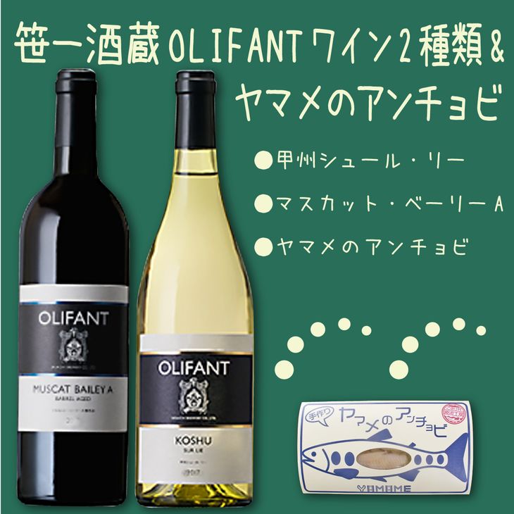 【ふるさと納税】笹一酒造OLIFANTワイン750ml 2種類&こすげ村源流工房ヤマメのアンチョビ1パックセット｜国産ワイン 赤ワイン 白ワイン 飲みくらべ セット おつまみ ヤマメ※離島への配送不可※着日指定不可