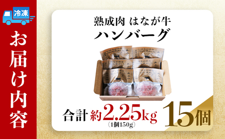 ＜熟成肉 はなが牛ハンバーグ 15個（1個150g）＞ 肉 お肉 牛肉 牛 ビーフ 牛100％ 肉加工品 お惣菜 洋食 おかず 弁当 ランチ ディナー 国産 小分け 個包装 簡単調理 特産品 ゆうぼく