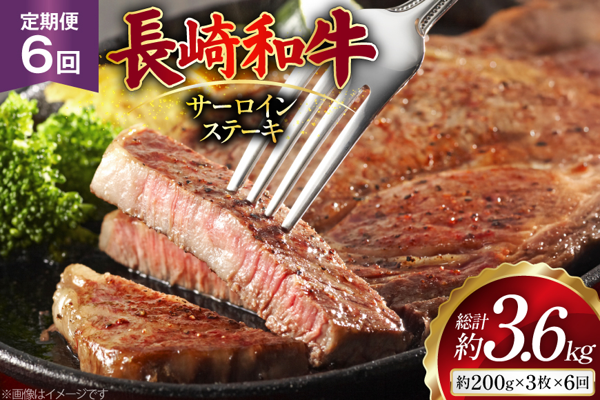 AJ533 【6回定期便】長崎和牛 サーロイン ステーキ 約600g (200g×3枚) [ 肉 牛肉 和牛 高級 ロイン おいしい ステーキ肉 まるしん商会 黒牛 長崎県 島原市 ]