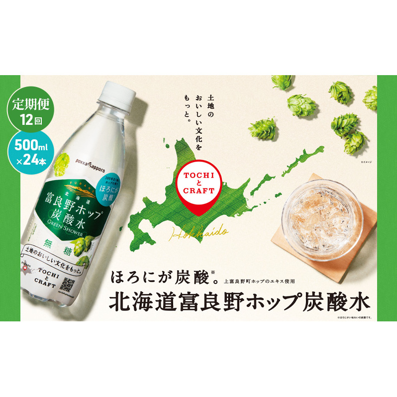 北海道 定期便 12ヵ月 連続 全12回 炭酸水 500ml × 24本 北海道富良野ホップ炭酸水 ポッカサッポロ 無糖 北海道富良野ホップ ペットボトル 炭酸飲料 炭酸 ソーダ ソーダ水飲料 ドリン