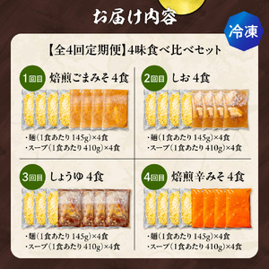 【冷凍/4回定期便】 4味食べ比べ2（合計16食）吉山商店｜ラーメン ごまみそ 胡麻 味噌 辛みそ 醤油 しょうゆ 塩 しお セット 食べ比べ ご当地 北海道 札幌市