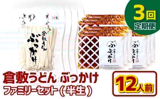 【3ヶ月定期便】『倉敷うどん ぶっかけ』ファミリーセット(半生) 12人前×3回 うどん 麺類 麺 半生 半生麺 ぶっかけうどん タレ つゆ 岡山県 倉敷市