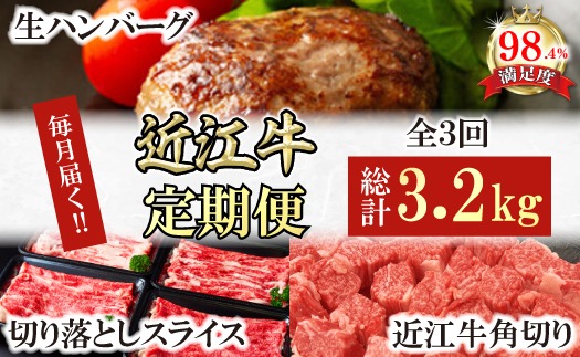 【定期便】近江牛定期便　ハンバーグ/切り落とし/角切り　全3回【FO54U】