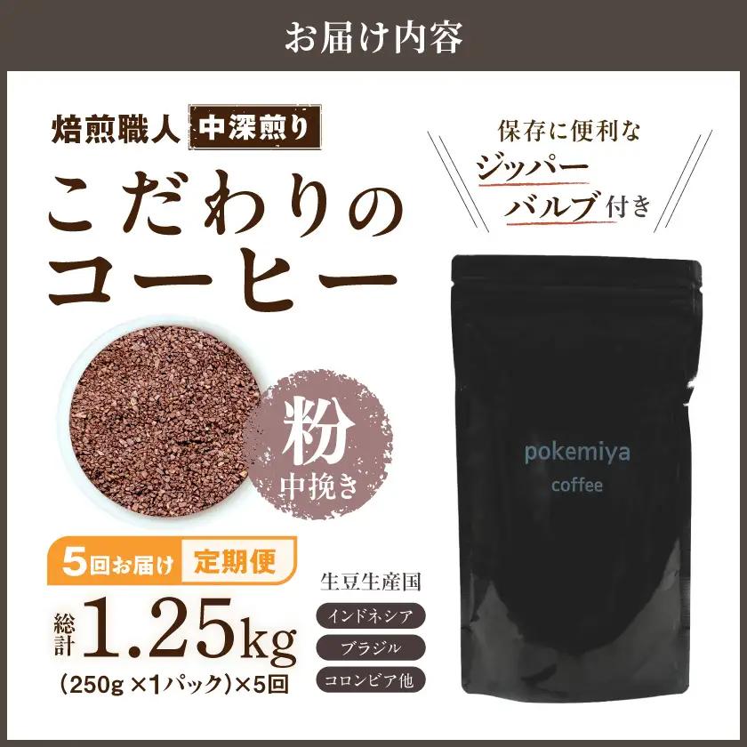 5回お届け!焙煎職人こだわりのコーヒー定期便【粉】250g 小分けパック(ジッパー・バルブ付) ※中深煎り※ポスト投函〔TLA5-3301〕_(都城市) 毎月