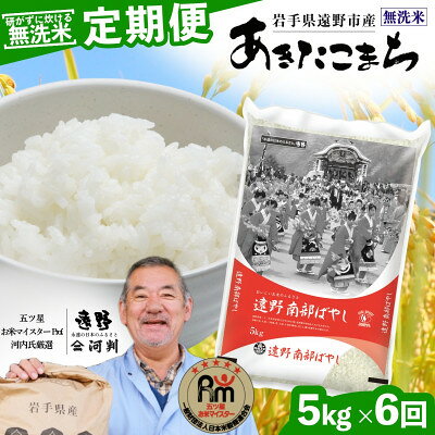 【ふるさと納税】【毎月定期便】〈無洗米〉岩手県 遠野市産 あきたこまち 5kg 【 河判 】全6回【4089976】