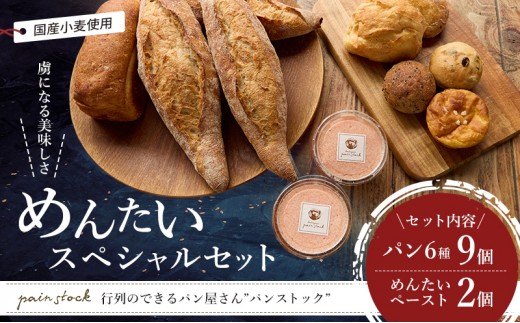 【福岡市】行列店 パンストック めんたい特別セット（パン6種9個、めんたいペースト2個セット） | 福岡市 パン めんたい フランス ご当地グルメ バゲット おいしい 朝食 ギフト 贈り物 ベーカリー ぱん 国産小麦 パンセット 人気店 有名店