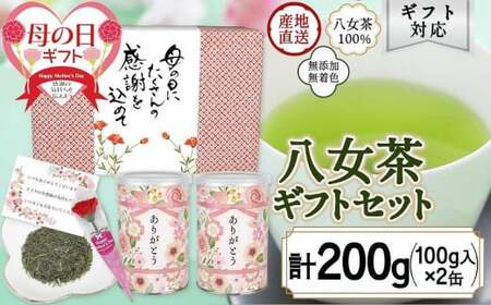 【母の日ギフト】 八女茶100％ 特上煎茶入り「ありがとう」缶100g×2 感謝のメッセージカード ミニカーネーション 付き ＜岩崎園製茶＞ 075-051