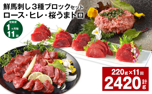 【1ヶ月毎11回定期便】鮮馬刺し3種ブロックセット(ロース・ヒレ・桜うまトロ)