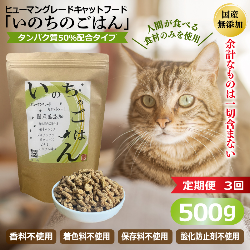 【定期便】国産無添加 キャットフード 500g×全3回 「いのちのごはん」タンパク質 50％配合タイプ【猫 ねこ ペットフード チキン 手作り ヒューマングレード 国産】 099Z637