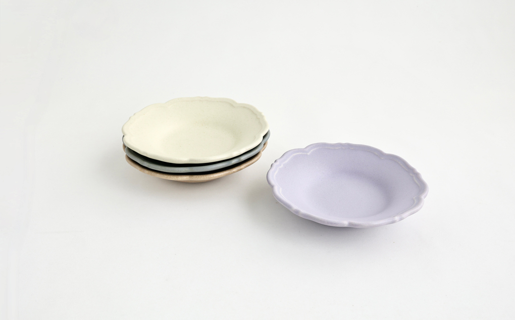 
【Awabi ware】輪花皿S 4枚セット（アイボリー・青マット・ベージュ・パープル） 《決済から3ヶ月前後で発送》
