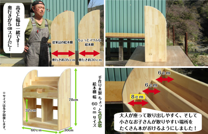 手作り木製 ちょっとスリムな絵本棚 幅60cm 099H3549