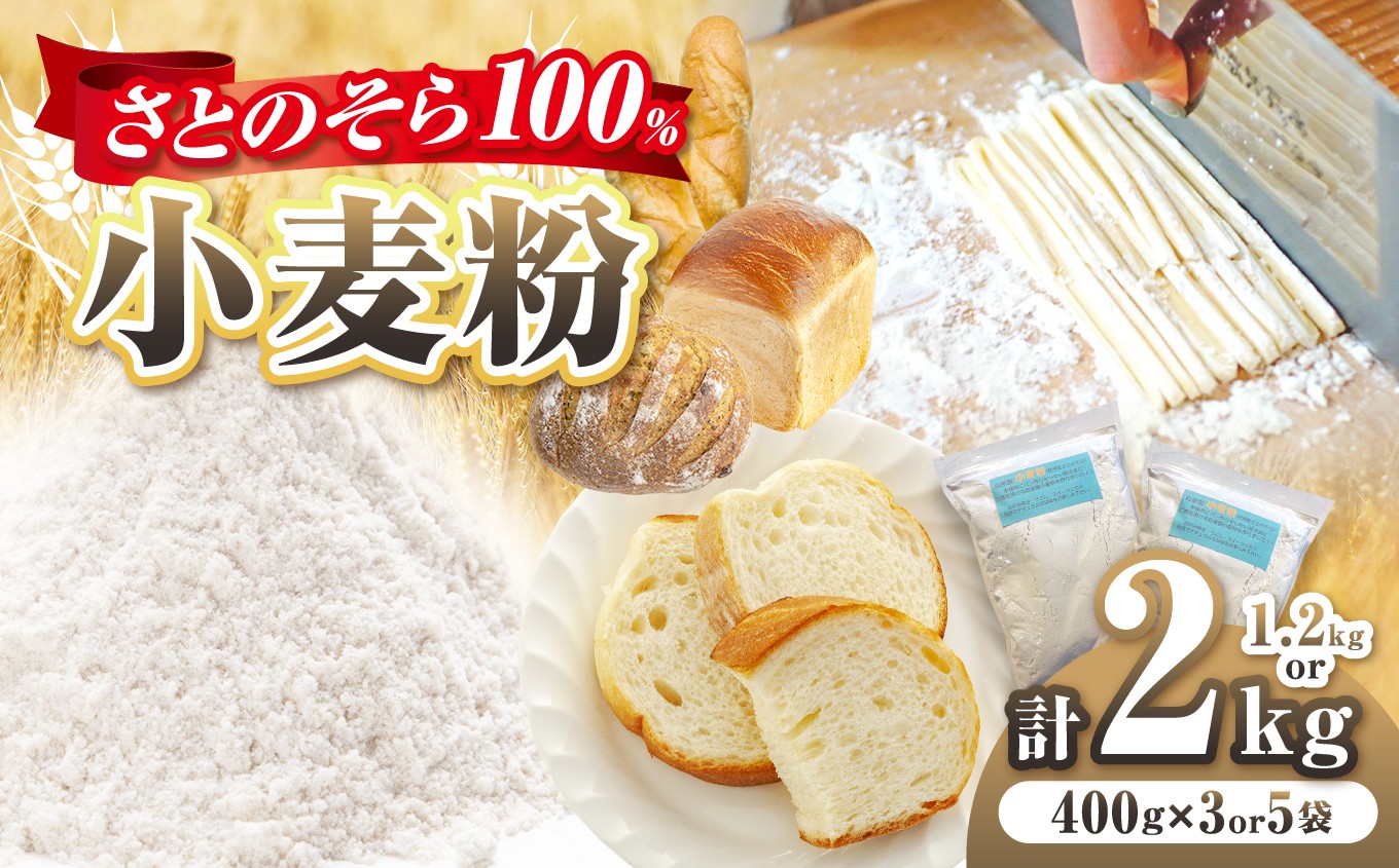 
                  【 選べる容量 】小麦粉 (中力粉) 400g × 3袋・5袋 セット 計1.2kg or 2㎏ さとのそら 100％  |  こむぎこ 中力粉 中力 小麦 こむぎ 小分け 千葉県 君津市
                