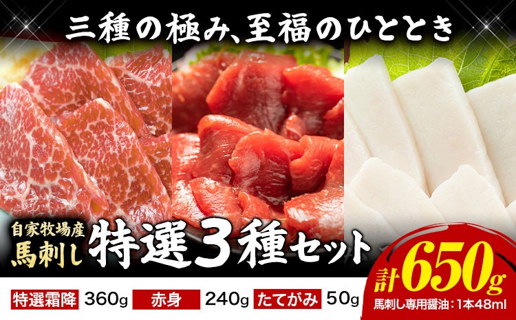 
                  馬肉 馬刺し 自家牧場産 馬刺し特選 3種セット 特選霜降り たてがみ 赤身 650g 高椋畜産《60日以内に出荷予定(土日祝除く)》熊本県 南関町 馬肉 馬刺し
                