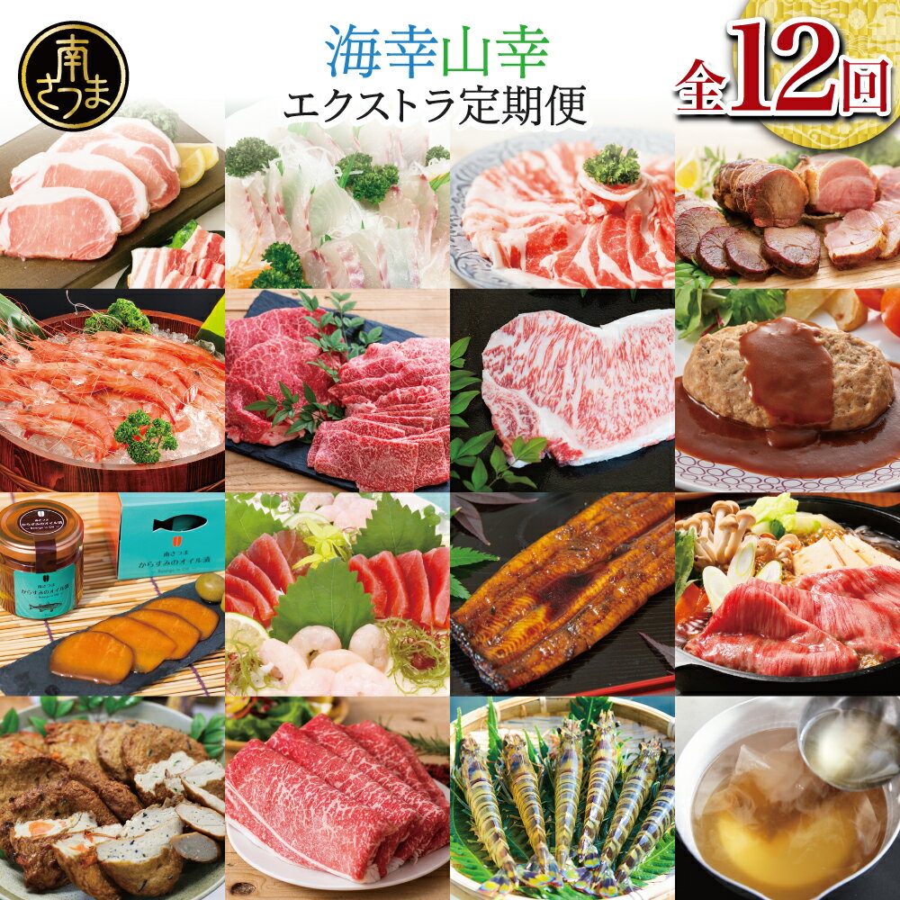 【ふるさと納税】海幸山幸エクストラ厳選定期便（全12回）お肉 お魚 豚肉 牛肉 黒豚 鹿児島黒牛 すき焼き サーロイン ステーキ しゃぶしゃぶ 鰻 蒲焼 刺身用 たかえび 薩摩甘えび 海老 マグロ さつま揚げ 焼豚 ハム ハンバーグ 出汁 鰹節 送料無料 定期配送
