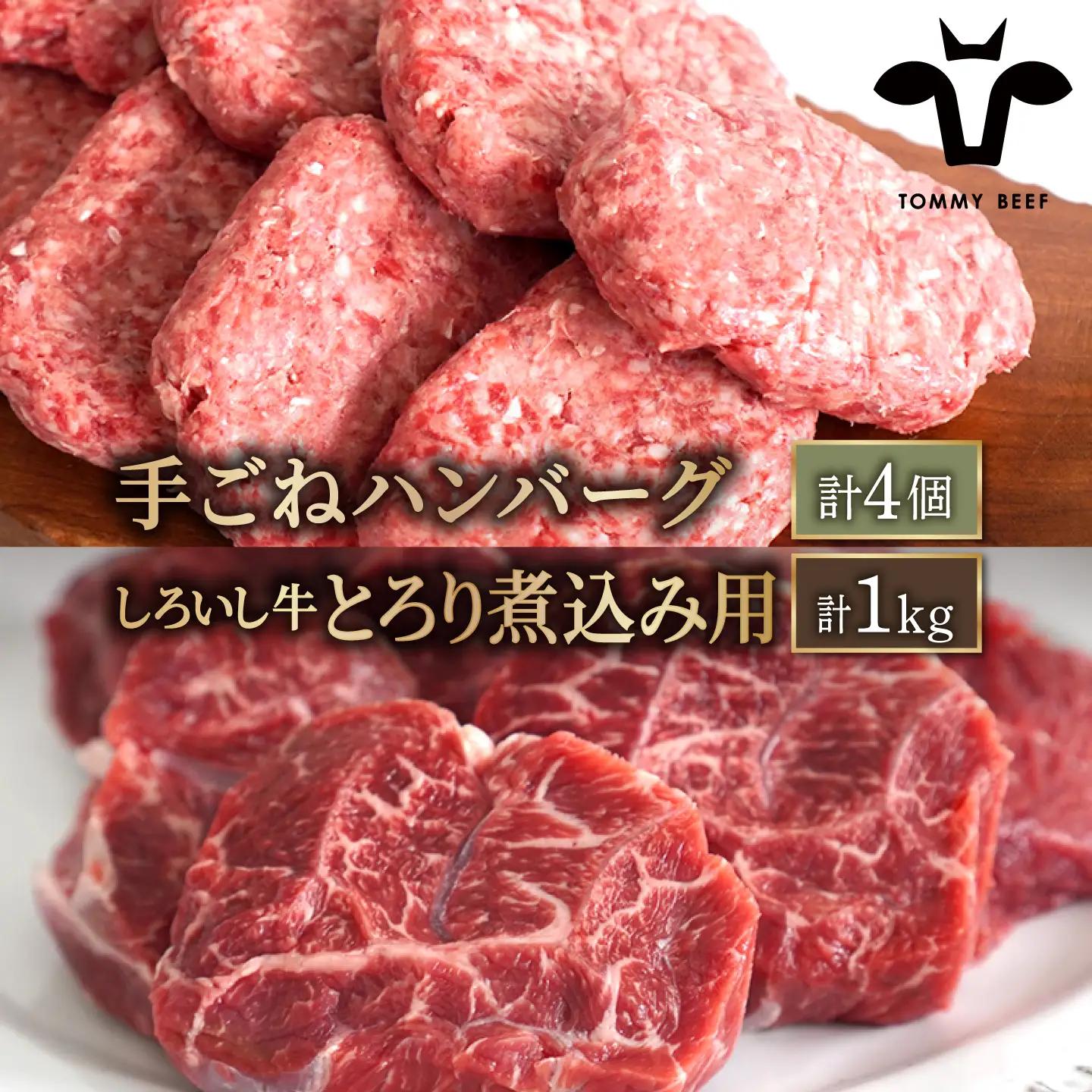 人気返礼品セット！手ごねハンバーグ 4個＆しろいし牛 とろり煮込み用 1kg 佐賀セントラル牧場 [IAH114]