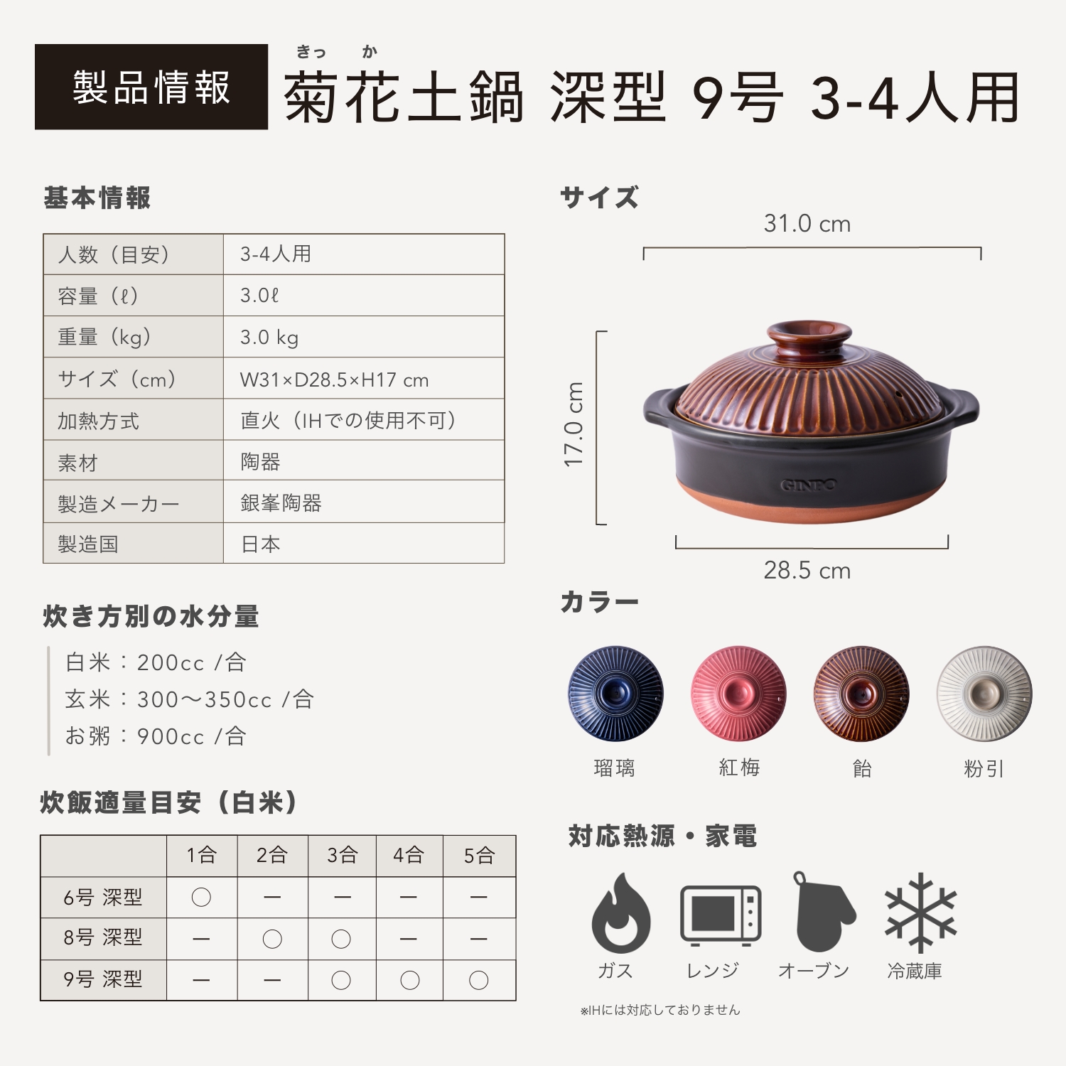 【萬古焼（ばんこやき）】菊花 深型土鍋 9号 カラー：飴│三人用 四人用 3合 4合 5合 秋 冬 おしゃれ ご飯 ごはん 家庭用 家族 家庭 料理 贈り物 直火 レンジ 炊飯 銀峯 GINPO_イメ