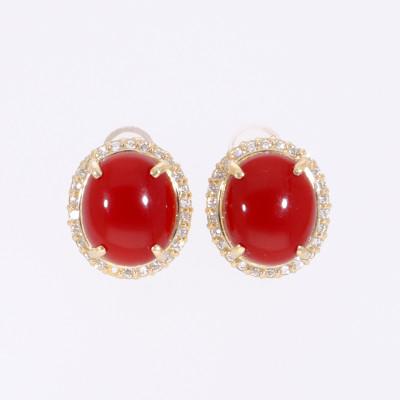 ふるさと納税 山梨県 K18イエローゴールド 血赤 珊瑚 オーバル ダイヤ ピアス【PE-3125】