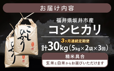 定期便 ≪3ヶ月連続お届け≫ 坂井市産 コシヒカリ 10kg (5kg×2袋) ×3回 (計30kg) 【玄米】 米 コメ お米 福井こしひかり [J-10203_02]