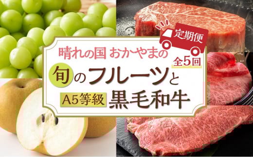 【5回 定期便】フルーツ 肉 2026年  晴れの国 おかやま の 旬のフルーツと A5等級 黒毛 和牛 5回 定期便 ぶどう 牛肉 梨 岡山県産 国産 ギフト