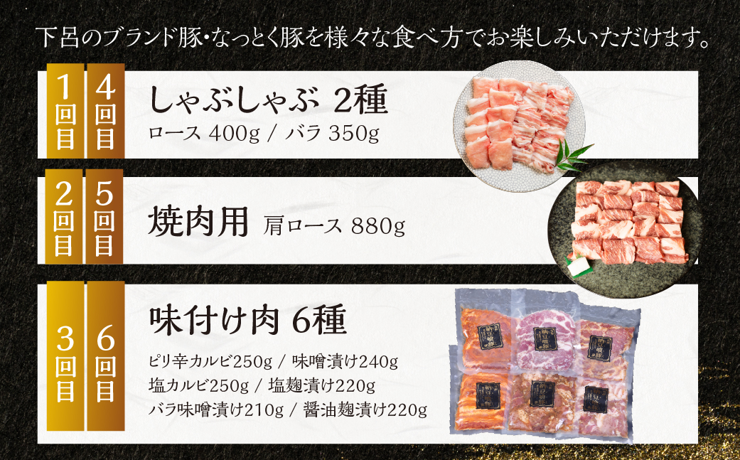 【定期便6回】納豆喰豚 お楽しみ定期便（味付け肉、しゃぶしゃぶ用、焼肉・生姜焼き用）天狗 なっとく豚 食べ比べ 定期便 6カ月 定期下呂温泉 おすすめ 豚肉 なっとくとん ブランド豚 国産  ギフト 