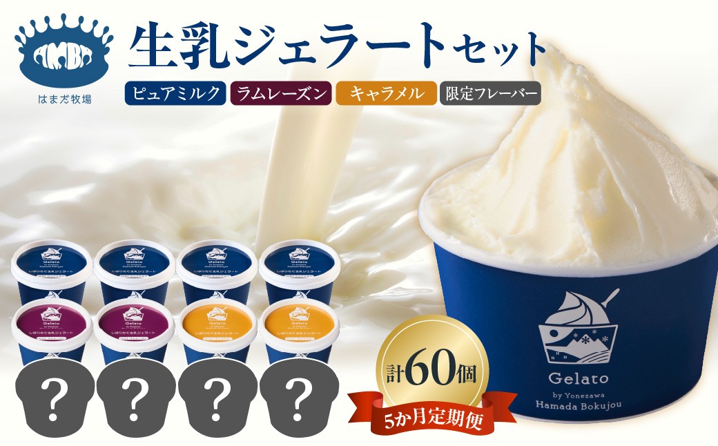 
                  生乳ジェラートセット　5か月定期便（合計60個）　ミルク ラムレーズン キャラメル 限定フレーバー
                