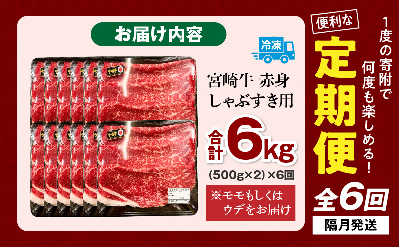 【6回定期便】宮崎牛 モモ or ウデ 赤身しゃぶすき用1kg サシ 赤身 南国宮崎