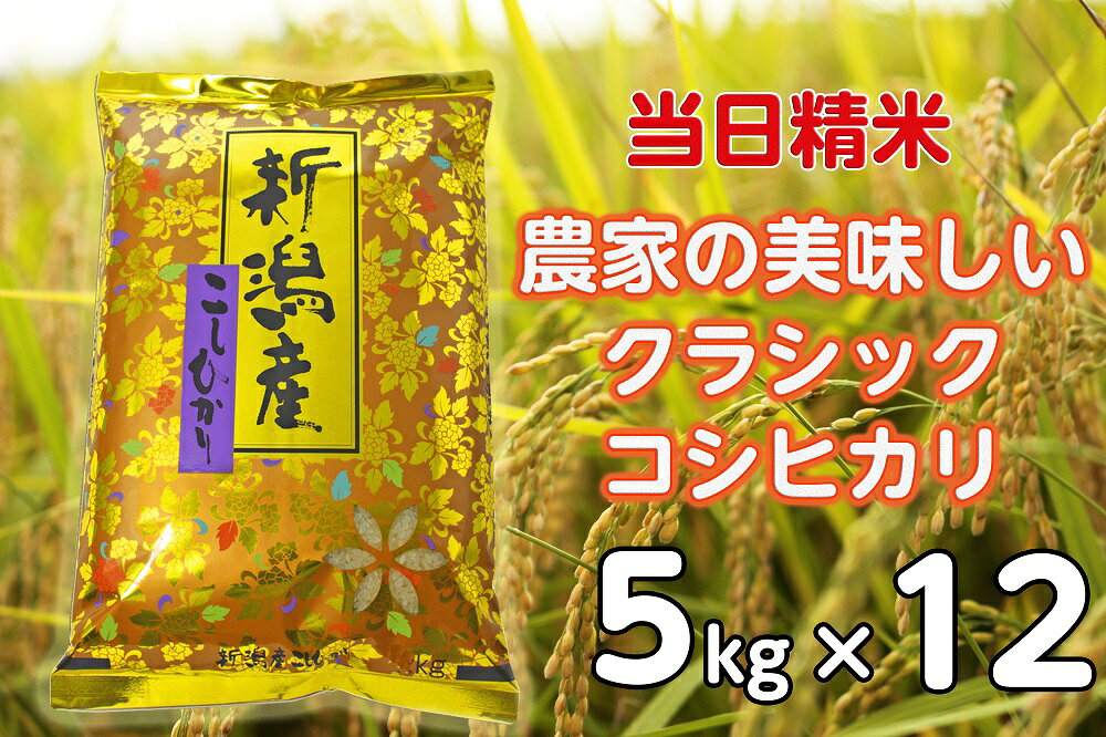 【ふるさと納税】【令和8年産新米】【12ヶ月定期便】 当日精米! 農家直送 美味しい クラシックコシヒカリ 5kg×12回 計60kg 新潟県 阿賀野市 精米 白米 従来品種 水原町農産センター 米 こめ コメ 定期便 新米 9月下旬より発送開始予定