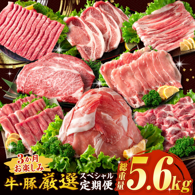 【ふるさと納税】3か月 お楽しみ 牛 豚 厳選 スペシャル 定期便 総重量5.6kg 肉 牛肉 宮崎牛 肩ウデ ロースステーキ 豚肉 6種 盛り合わせ セット 豚ロース 豚バラ 小間切れ すき焼き しゃぶしゃぶ 黒毛和牛 A4 A5 国産 食品 牛丼 薄切り おすすめ 宮崎県産 日南市 送料無料