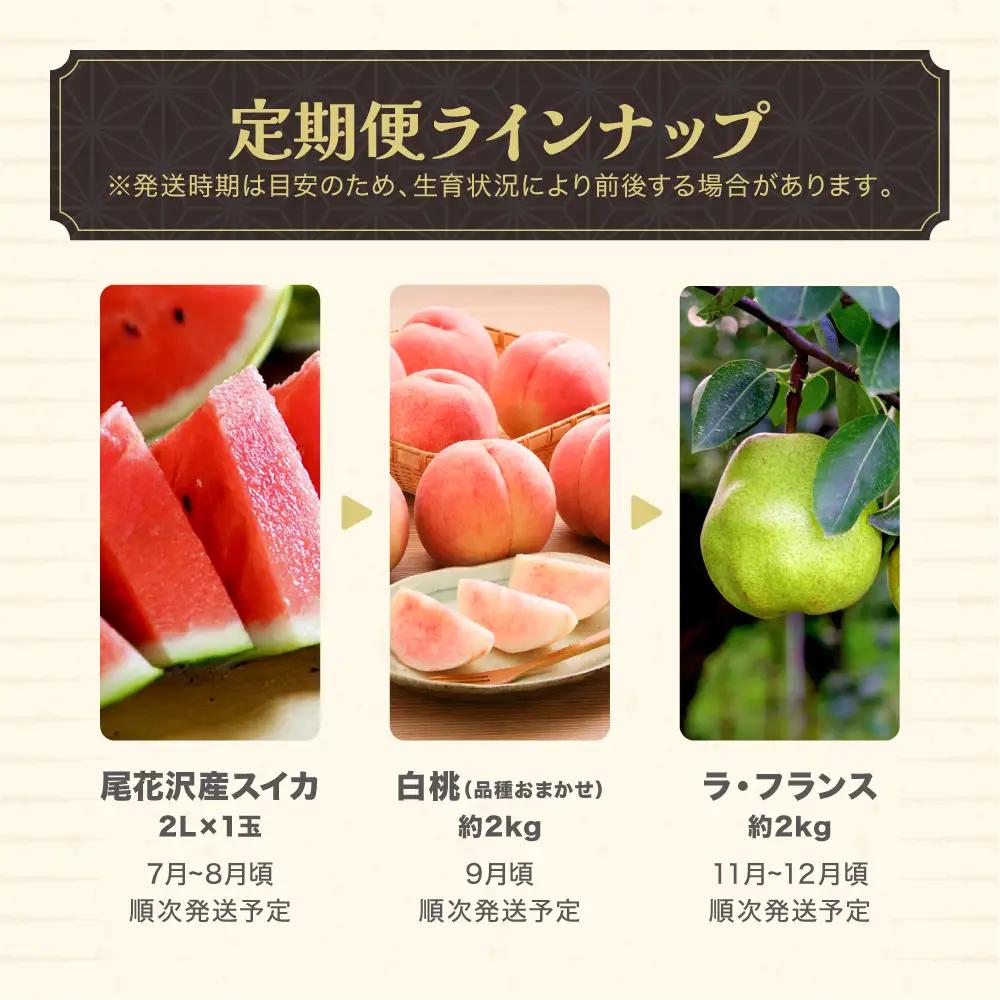 【ふるなびWEEK対象】フルーツ定期便 全3回 スイカ もも ラ・フランス 令和8年産 sb-ftshl3-b