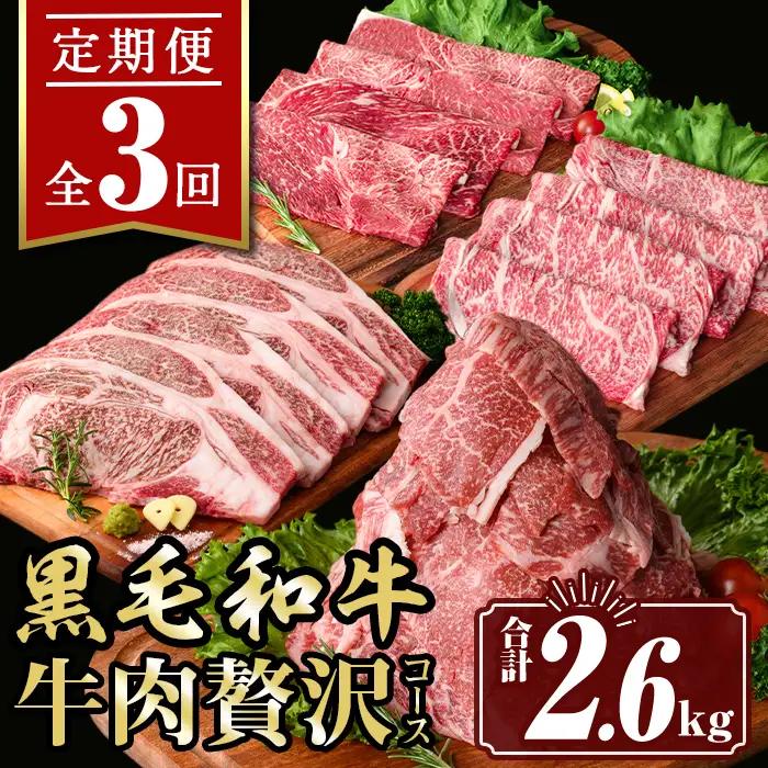 isa447 【定期便3回】牛肉贅沢コース (合計2.6kg) 国産 肉 牛肉 霜降り すきやき しゃぶしゃぶ 牛しゃぶ 冷凍 ロース カタロース 肩ロース リブロース ステーキ BBQ 食べ比べ セット 【サンキョーミート株式会社】