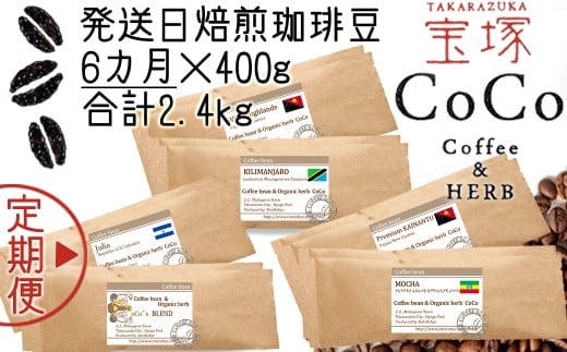 【宝塚】6ヶ月の定期便（当日自家焙煎珈琲豆・全6種 計2400g）【粉】